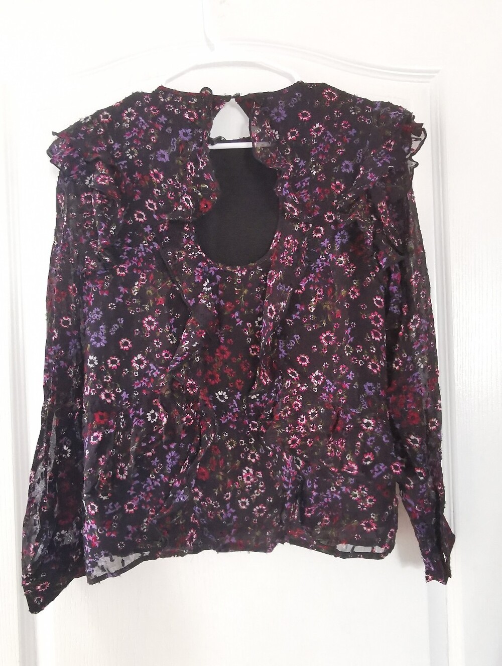 Reiss Black Sheer Floral Ruffle Blouse with Pink and Purple Accents - Picture 6 of 15